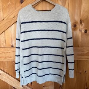 Ana Striped Sweater Cream Blue Seed Stitch Pullover Coastal Hamptons Women Large